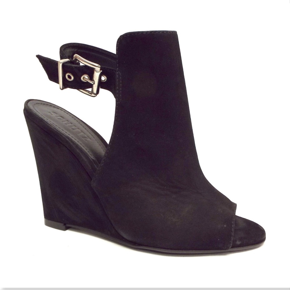 SCHUTZ Black Nubuck Leather Open Toe Buckled Sling Wedge Ankle Bootie Heels 7